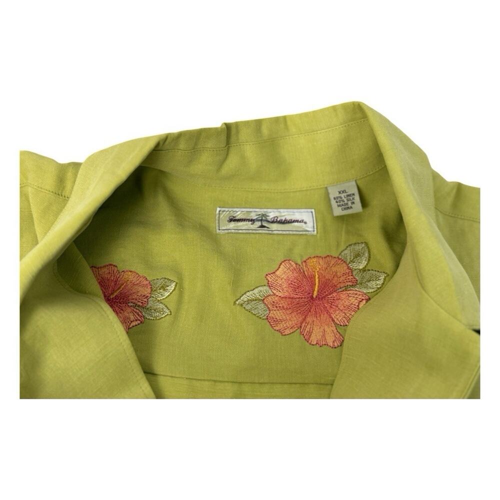 Tommy Bahama Shirt Mens 2XL Green Hibiscus Floral Linen Silk Blend Hawaiian Camp
